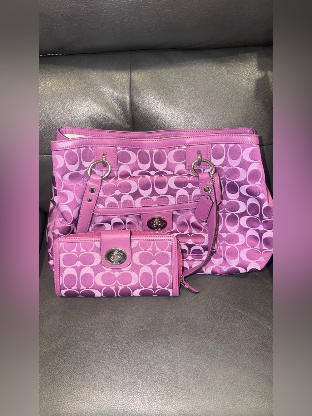 Vintage Coach Purple Signature Penelope Tote Bag and Matching Wallet Set